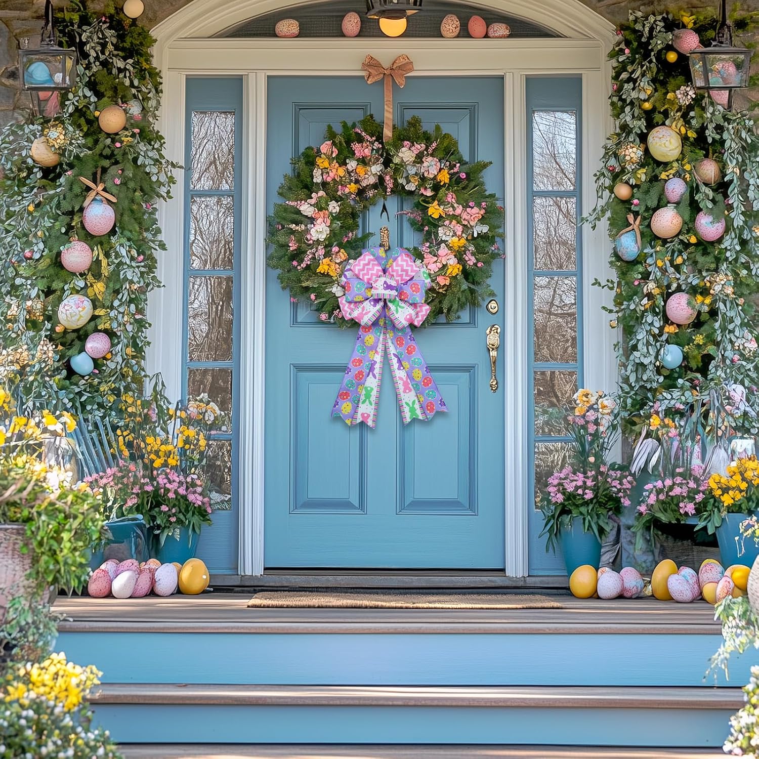 Montekin Large Easter Bows for Wreath 20x11 Inch, 2 Pack Pre-Tied Easter Egg Wired Ribbon Bow, Big Tree Topper Bow for Front Door Indoor Outdoor Spring Summer Decoration (Purple)