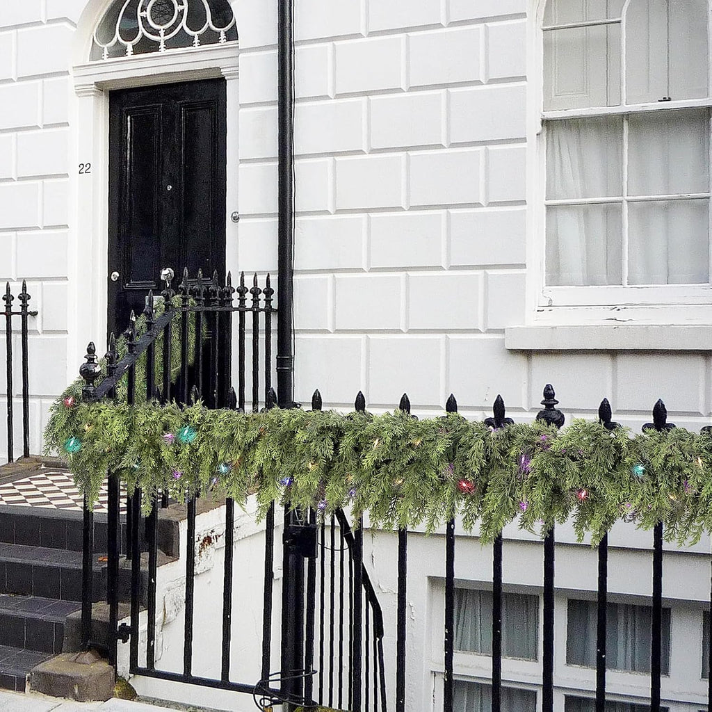 cedar christmas garland with lights for mantle, front angle view