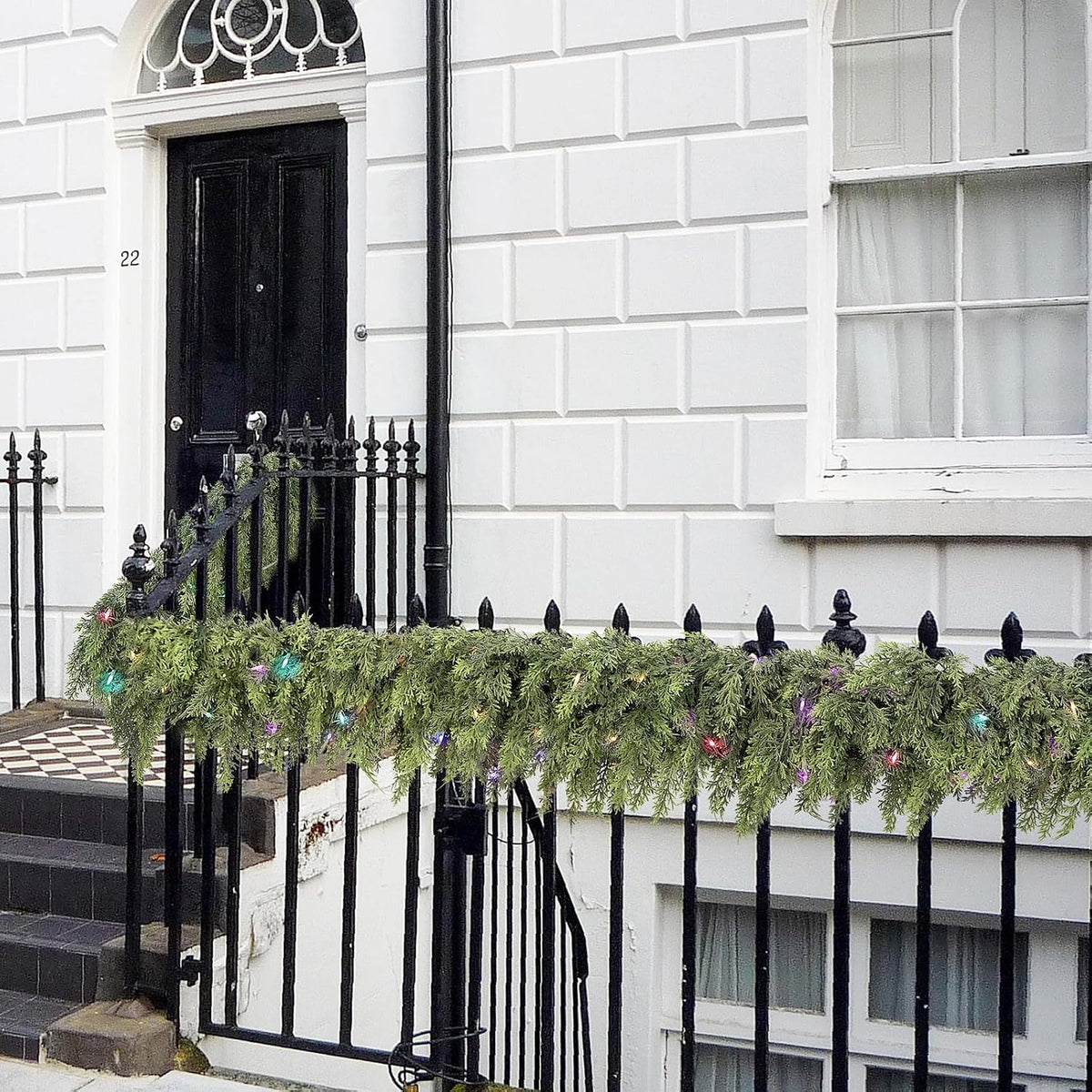 cedar christmas garland with lights for mantle, front angle view