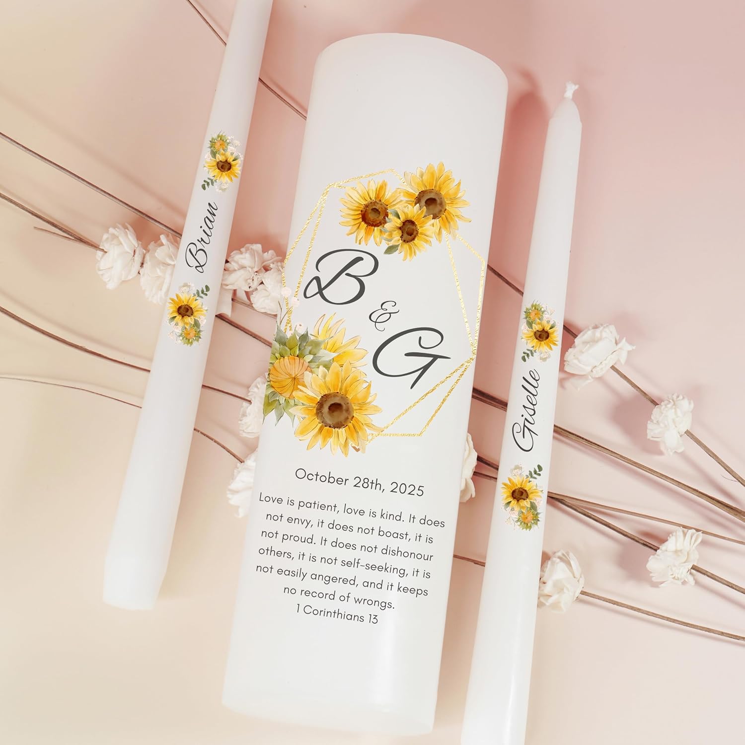 Unity Candles for Wedding, Modern Unity Set, Custom and Personalized Pillar and Taper Candles with Bible Quote, Unscented White Premium Wax, Religious and Wedding Ceremony, Special Events