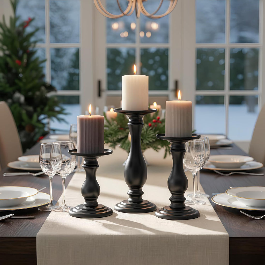 Matte Black Pillar Candle Holders Set of 3, 6/8/10 Inch Metal Stands for 3 or 4 Inch Pillars, Fireplace Mantel Table Centerpiece, Rustic Farmhouse Wedding Decor