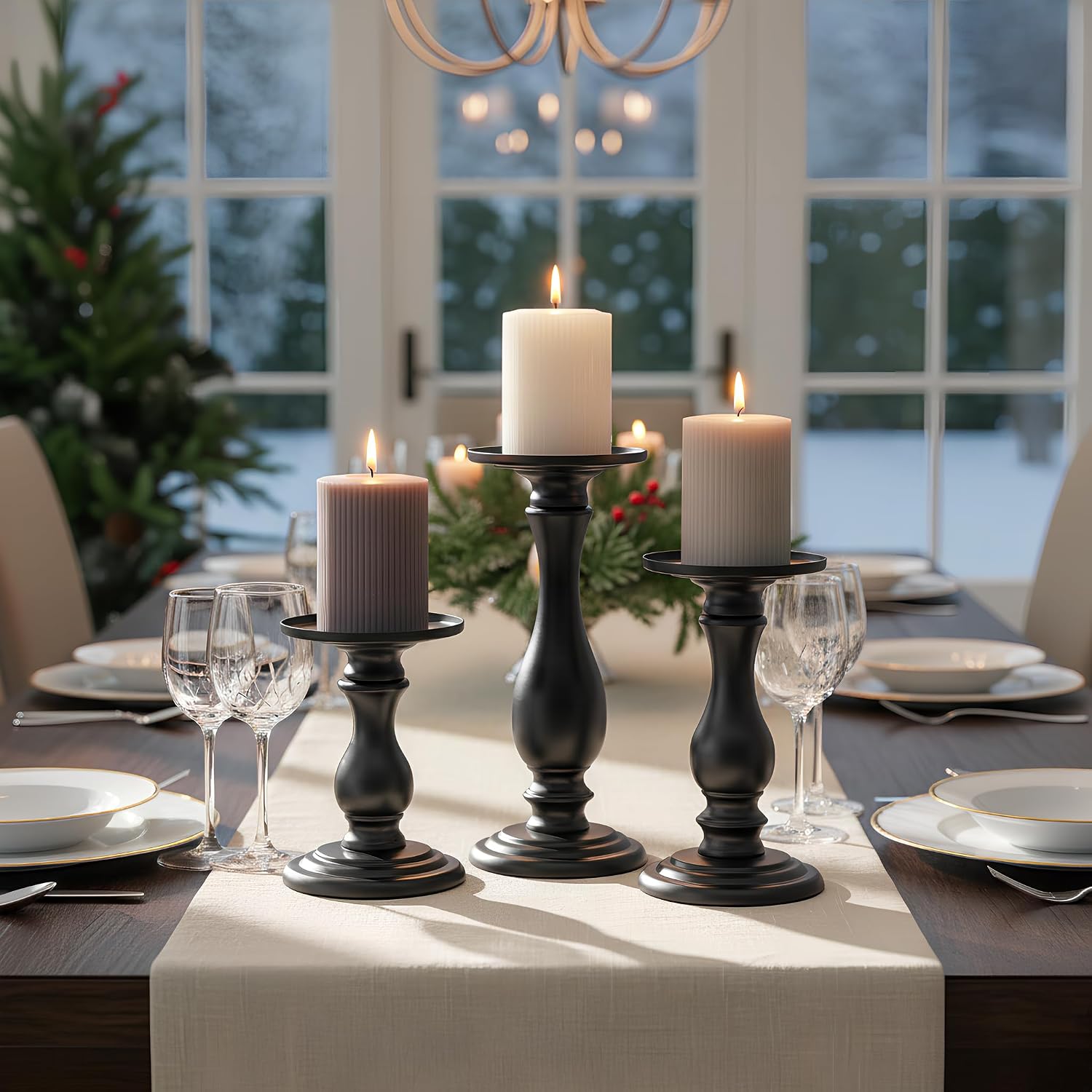 Matte Black Pillar Candle Holders Set of 3, 6/8/10 Inch Metal Stands for 3 or 4 Inch Pillars, Fireplace Mantel Table Centerpiece, Rustic Farmhouse Wedding Decor