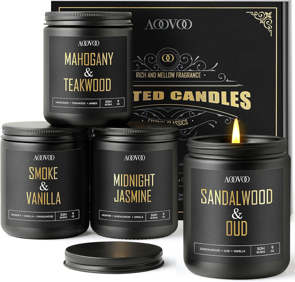 AOOVOO Scented Candles for Men - 4 Pack Candles for Home Scented, 36oz Soy Wax, 200 Hour Burn Time, Men Candle Set, Sandalwood Oud/Mahogany Teakwood/Smoke Vanilla/Jasmine Candle Set A