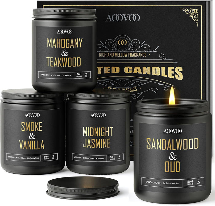 AOOVOO Scented Candles for Men - 4 Pack Candles for Home Scented, 36oz Soy Wax, 200 Hour Burn Time, Men Candle Set, Sandalwood Oud/Mahogany Teakwood/Smoke Vanilla/Jasmine Candle Set A