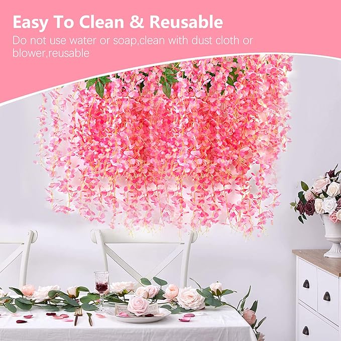 24 Pack Dark Pink Wisteria Hanging Flowers, 3.4 Ft Fake Hanging Flowers, Artificial Wisteria Garland Vines for Wedding Room Backdrop Outdoor Patio Garden Decoration
