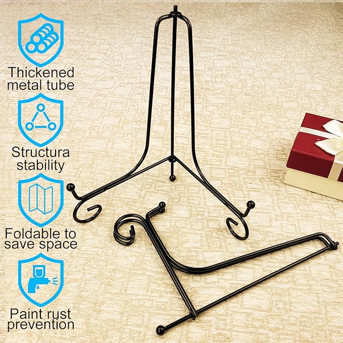 2PCS Premium Black Iron Plate Stands for Display 8 Inch, Decorative Solid Metal Plate Holders for Displaying, Mini Easel, Frame, Book, Card, Plaque, Bowl, Picture Stands for Display