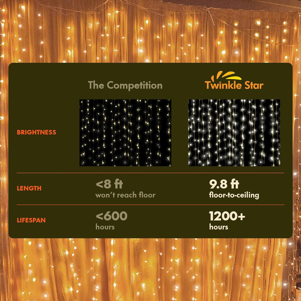 Twinkle Star 300 LED Curtain String Lights, Warm White | 8 Modes, Plug In, For Bedroom Wedding Party Birthday, Indoor Outdoor Wall Window Backdrop