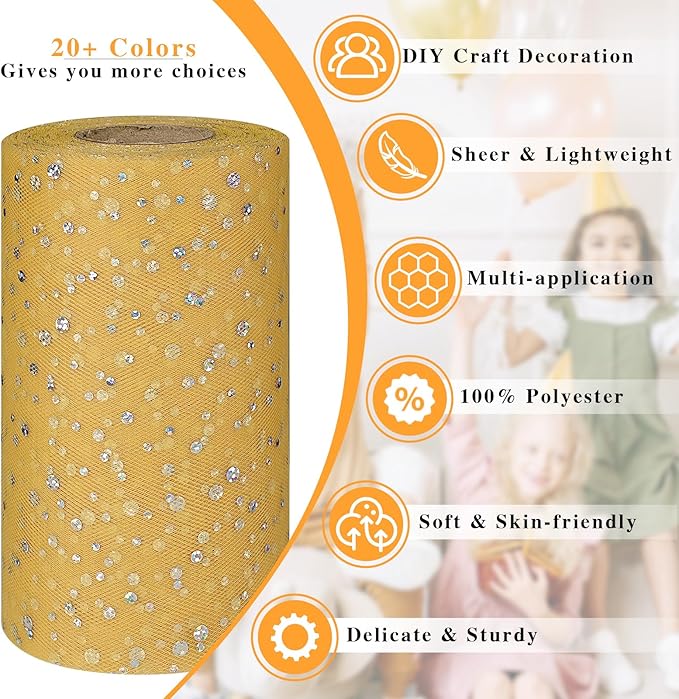 Glitter Tulle Rolls, 6” by 50 Yards (150FT) Sequin Tule Netting Fabric Tulle for Tutu Skirts Sewing Birthday Wedding Party Decoration (Gold)