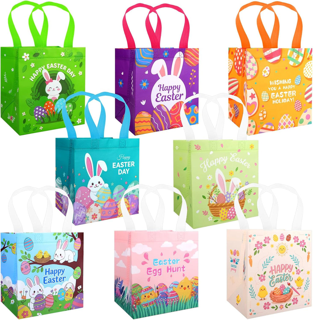 STARSIDE 8 Pack Easter Egg Hunt Bags with Handles for Kids - Reusable Non-Woven Cute Bunny Chick Carrot Tote Bags for Gift Wrapping, Easter Treats, Goodie Bags & Party Favors (7.09x5.91x7.87 Inches)