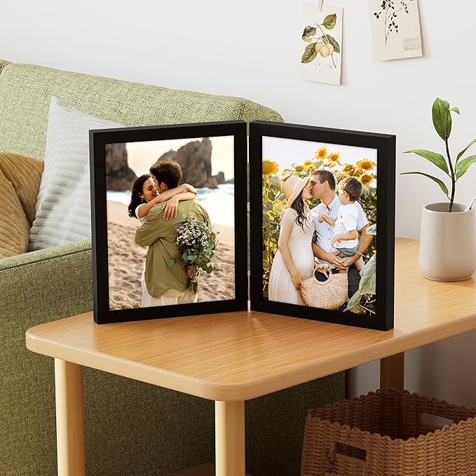 decorUhome Double 8x10 Picture Frame Vertical, Engineered Wood Bifold Photo Frame with Plexiglass for Tabletop Display, 8x10, Black