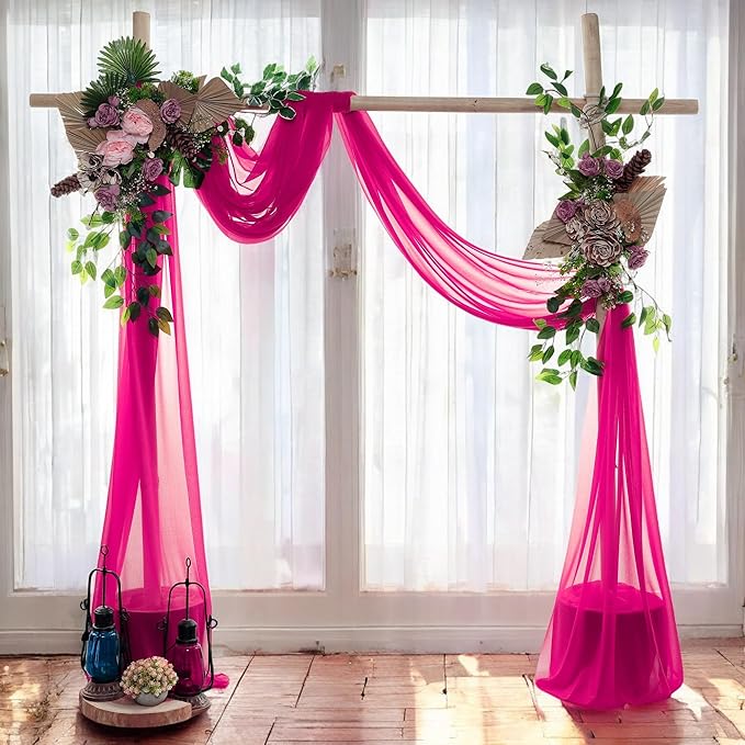 MDS Halloween Chiffon Draping Fabric - 2 Panel, 30" Wide x 100ft Long - Sheer Spooky Arbor & Canopy Drapery for Haunted House Backdrops, Party Ceilings, DIY Costumes & Themed Events - Hot Pink