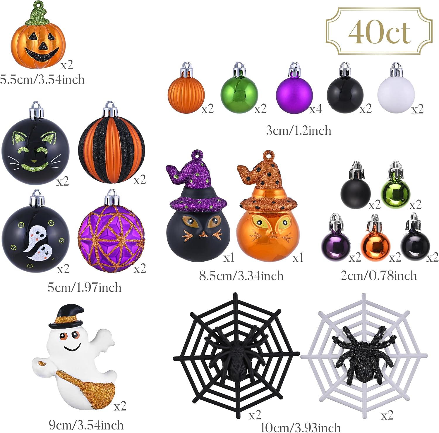 Valery Madelyn 40ct Medium Halloween Ornaments Shatterproof Tree Decoration | Ghost Cat Jack-o'-Lantern Pumpkin Vintage Variety Hanging Ball Ornaments Set for Small Tree, Cute Holiday Party Home Decor