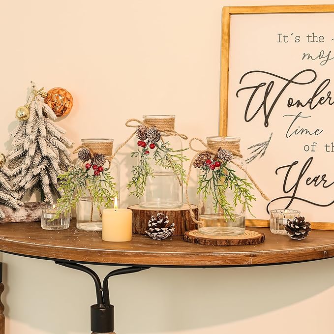 Set of 12 Xmas Decor Vases Christmas Centerpieces for Tables Farmhouse Holiday Table Decor Clear Glass Vases with Twine Ties for Christmas Decorations