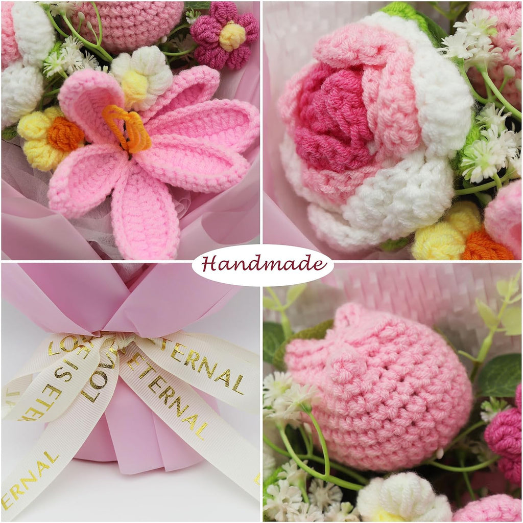 Crochet Tulip Flower Bouquet, Handmade Milk Cotton Tulips for Mother's Day, Includes Gift Bag & Greeting Card, Eternal Hand-Woven Flowers for Anniversary, Graduation Decor, Pink