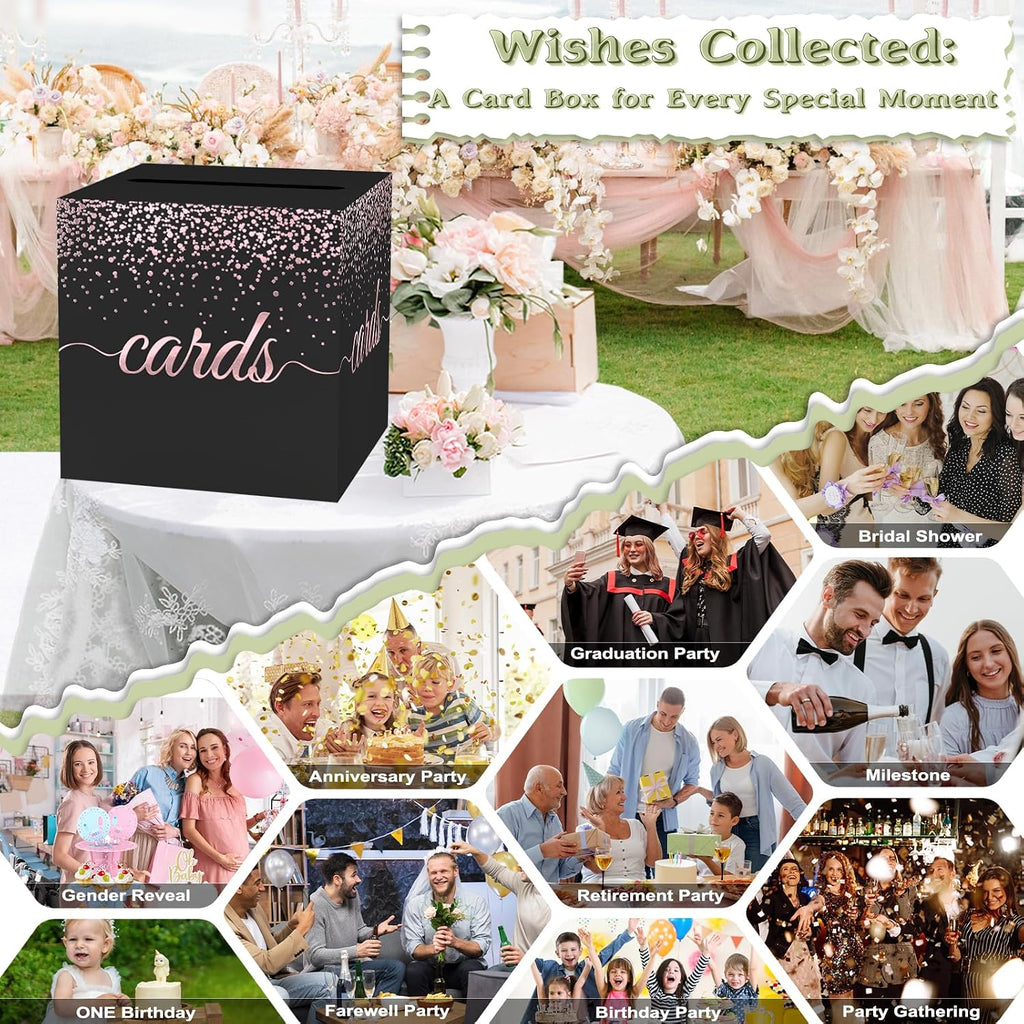 WNINK Black Rose Gold Cards Box for Birthday, Wedding, Bridal or Baby Shower, Graduation, Anniversaries, Engagement Party Decorations Supplies Money and Cards Receiving Box