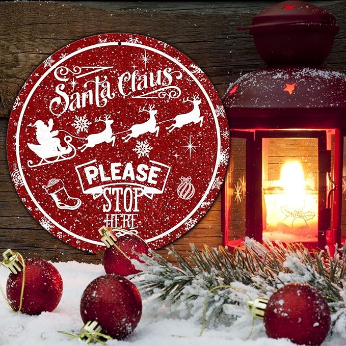 Round Metal Tin Sign - Santa Sleigh Reindeer Vintage Sign - Santa Claus Please Stop Here Sign for Christmas Living Room Bedroom Coffee Bar - 12 * 12 in