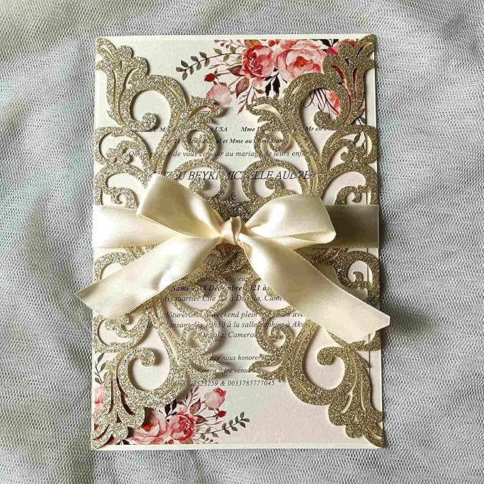 25PCS Champagne Gold Glitter Laser Cut Wedding Invitations Cards with Envelopes,Blank Inner Sheets,Ribbons for Wedding Bridal Shower Quinceañera Engagement Birthday Invites, champagne glitter