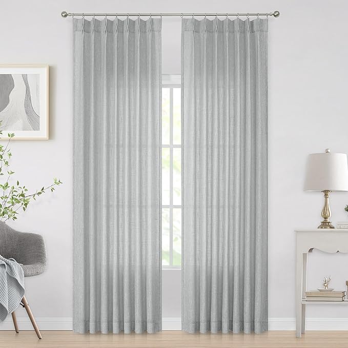 Vision Home Gray Pinch Pleated Semi Sheer Curtains Textured Light Filtering Window Curtains 84 inches for Living Room Bedroom Silver Grey Pinch Pleat Drapes with Hooks Back Tabs 2 Panels 40" Wx84 L