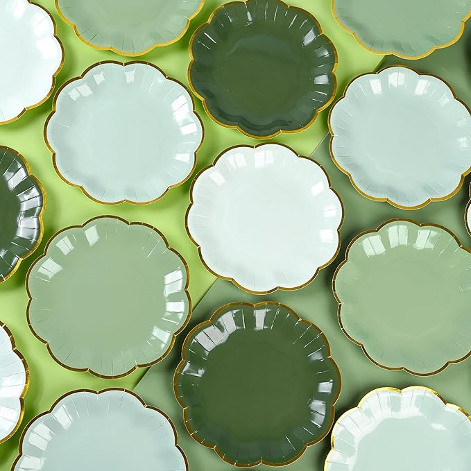 Sage Green Party Plates Gradient Green Dessert Paper Plate 7inch Gold Foil Scalloped Edge Disposable Cake Plates for Christmas Birthday Bridal Baby Shower Wedding Party Supplies (48)