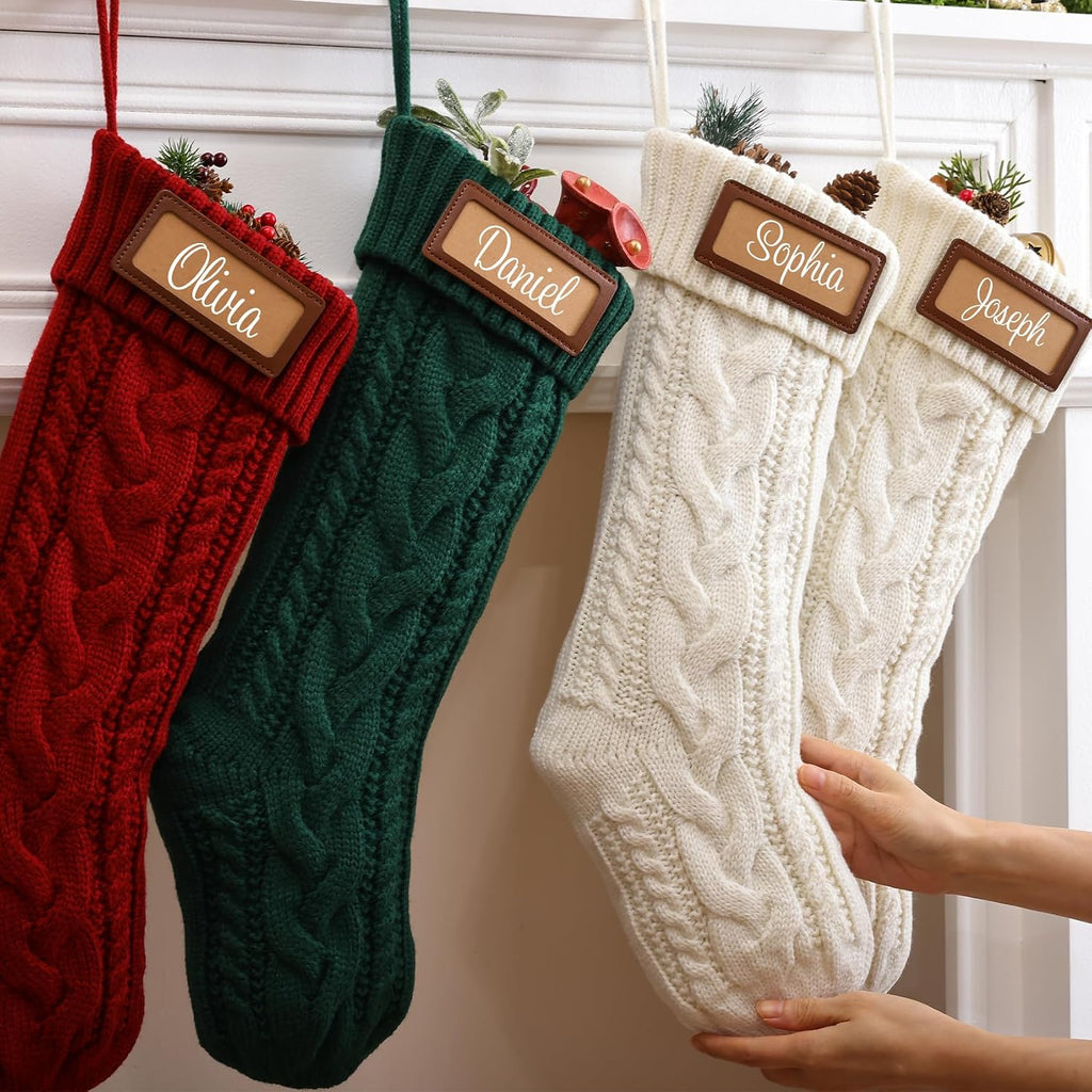 CARAKNOTS Personalized Christmas Stockings 4 Pack Knit Christmas Stockings with Names Tag Patches Vintage Rustic Farmhouse Boho 18" Large Red Green White Knitted Xmas Stocking for Family Kids