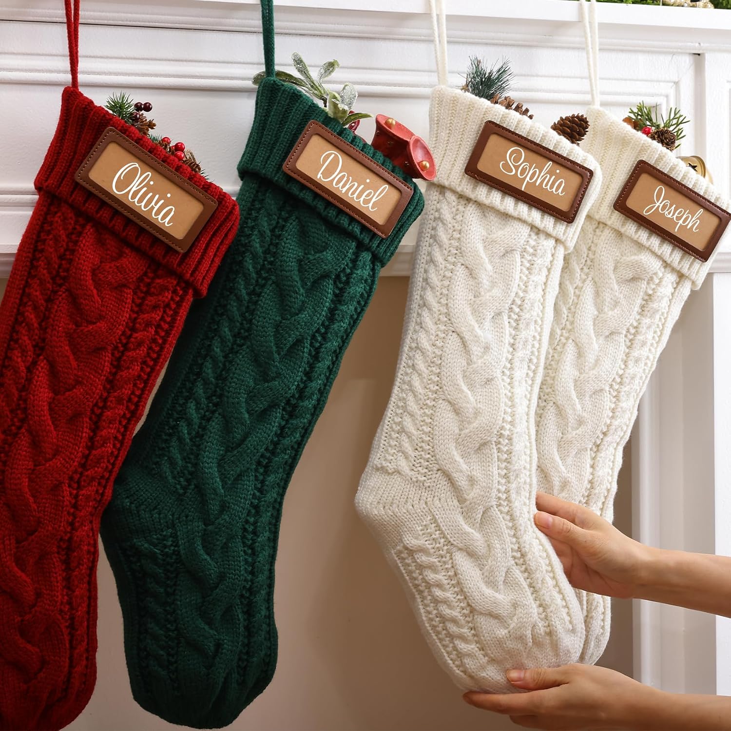 CARAKNOTS Personalized Christmas Stockings 4 Pack Knit Christmas Stockings with Names Tag Patches Vintage Rustic Farmhouse Boho 18" Large Red Green White Knitted Xmas Stocking for Family Kids