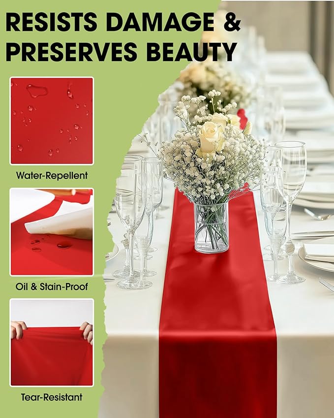 Pureegg Red Plastic Table Runners - 10 Pack, 14'' x 108'', Water Resistant & Disposable Centerpiece Decorations for Table Cloth, Wedding, Birthday, Holiday, Baby Shower, Party, Home Decor