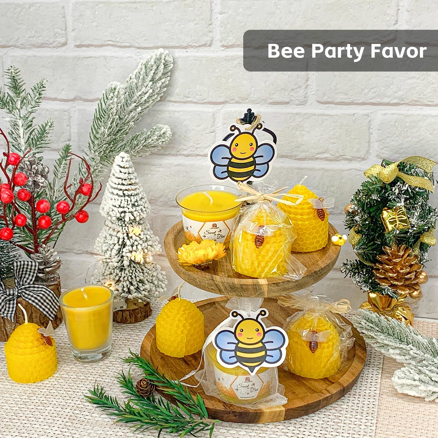 Beeswax Candles Set of 6pcs, Bee Candles with Little Bee Ornament Decors, Unscented & Dripless& Smokeless, Dia 1.77" x1.97" Each, Yellow