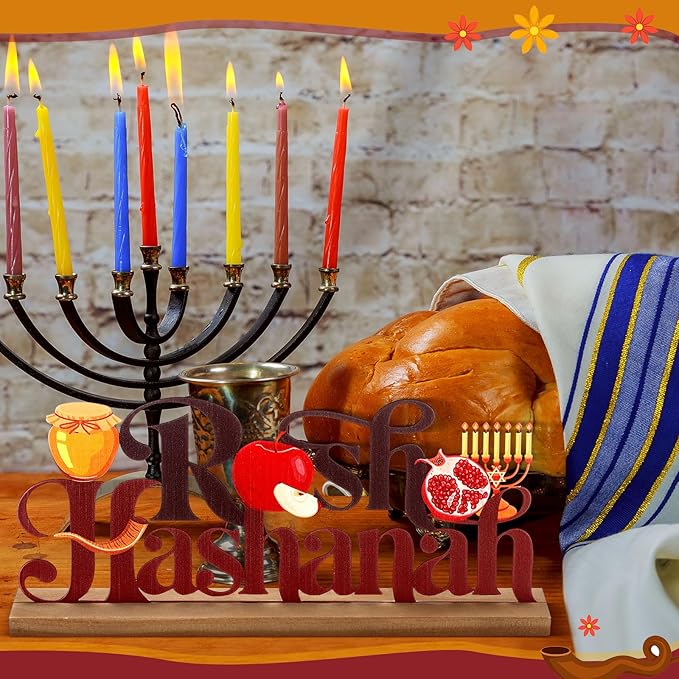 Rosh Hashanah Metal Sign Jewish New Year Table Centerpiece Tiered Tray Decor with Wooden Base Apple Pomegranate Decor for Home Tabletop Centerpiece Mantel Shelf Fireplace
