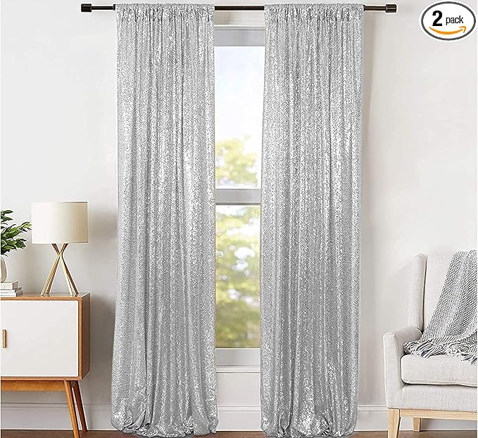 JYFLZQ Silver Sequin Backdrop Curtains 4ft x 8ft 2 Panel Glitter Photo Booth Backdrops Sparkly Photography Background Drapes for Parties Wedding Bridal Showers