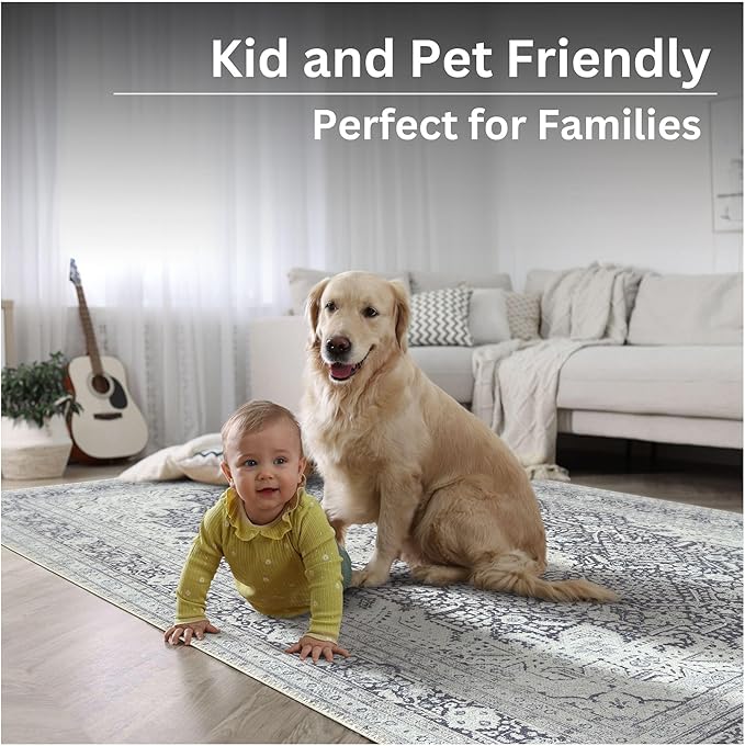 Bloom Rugs Washable Non-Slip 4' x 6' Rug - Charcoal Blue Traditional Medallion Area Rug for Living Room, Bedroom, Dining Room, and Kitchen - Exact Size: 4' x 6'