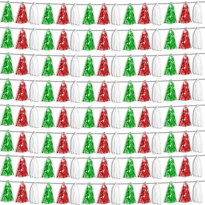 8P Red Green White Foil Fringe Metallic Tassel Streamers Banner Tassel Garland for Parade Floats, Graduation, Wedding, Birthday, Halloween, Christmas, Mexican Italian Birthday Party Decorations
