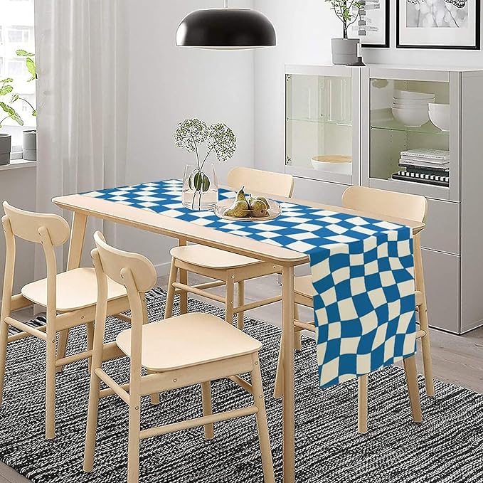 Table Flag Retro Plaid 60s70s Blue Plaid Table Flag Kitchen Restaurant Decoration Suitable for Indoor and Outdoor Festival Home Wedding Party Table Flag 13x90