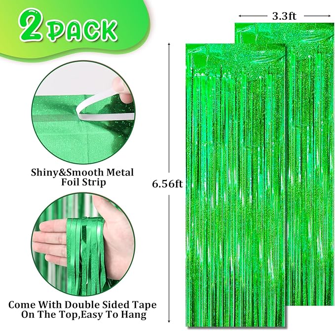 2 Pack Laser Green Tinsel Foil Fringe Curtains, Green Party Decorations, Metallic Tinsel Party Streamers Backdrop for Birthday Baby Shower St Patrick's Day Christmas Party Decorations