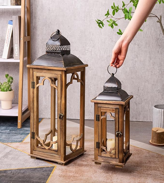 Large Farmhouse Decorative Wooden Lantern Set of 2, Rustic Brown Floor Lanterns, Indoor/Outdoor Hurricane Lanterns for Home Decor (No Glass)