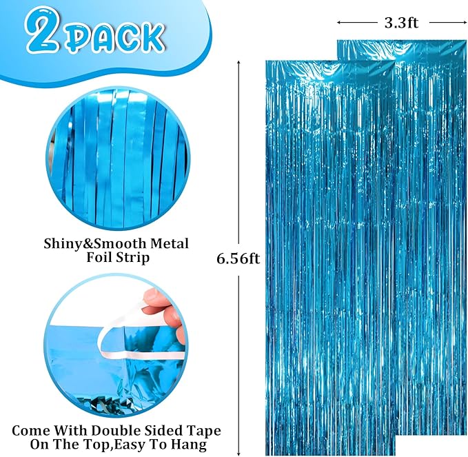2 Pack Retro Blue Foil Fringe Backdrop Curtains, Tinsel Streamers Party Decorations, Fringe Backdrop, Door Shimmer for Retro Theme Party