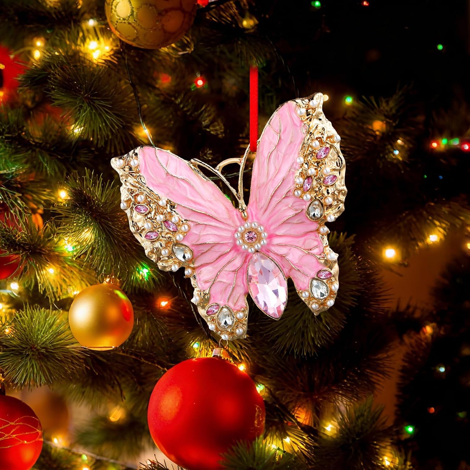 PETCEE Pink Butterfly Ornament - Metal Butterfly Hanging Ornaments for Christmas Tree Decorations Monarch Butterflies Christmas Ornaments Keepsake Gifts for Women Girls Daughter Mother Granddaughter