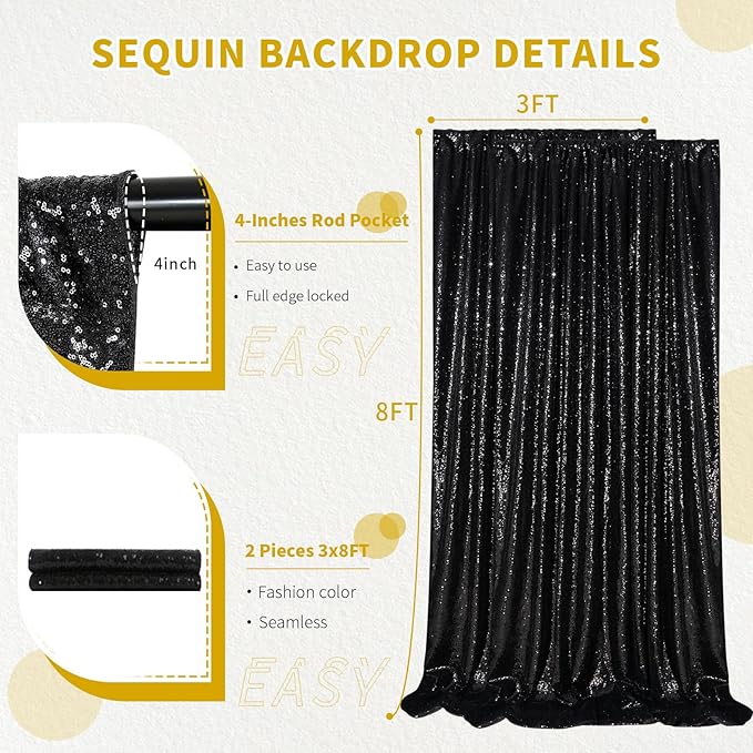 Sequin Backdrop 6x8FT Black Halloween Background Sequin Fabric Glitter Backdrop Curtains for Birthday Party Baby Shower Decoration