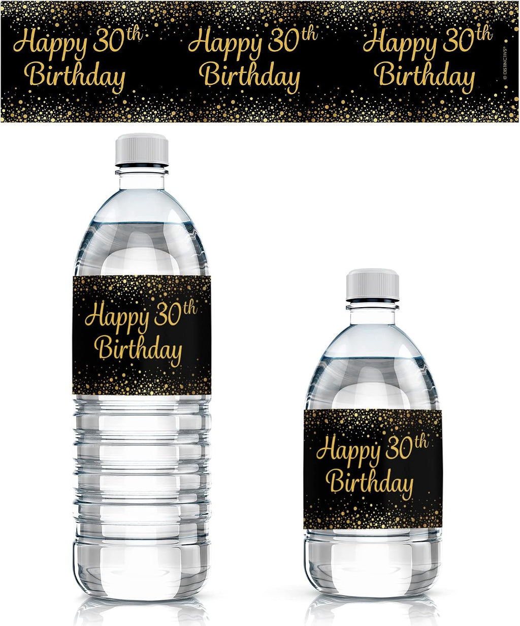 Black and Gold 30th Birthday Water Bottle Labels - 20 Waterproof Stickers for 30th Birthday Party Decorations and Favors