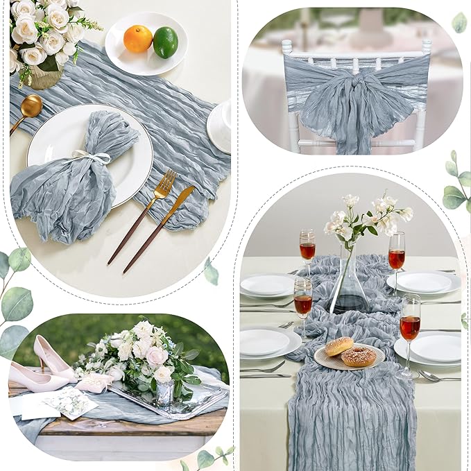 24 Pack Dusty Blue Cheesecloth Table Runner 10FT Long Boho Gauze Table Runner Rustic Sheer Runner for Wedding Bridal Baby Shower Birthday Party Table Decor Thanksgiving Christmas Decorations