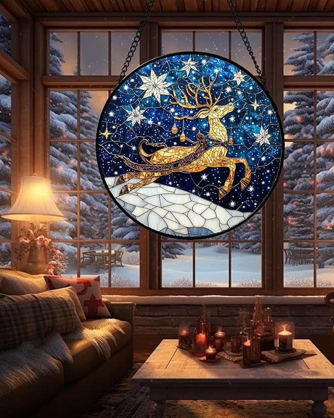 Stained Glass Window Hanging - Reindeer Blue Starry Sky Suncatcher for Doors Home Christmas Decoration Winter Sun Catcher Thanksgiving New Year Birthday Gifts for Women Men Mom Nana 9.8 in