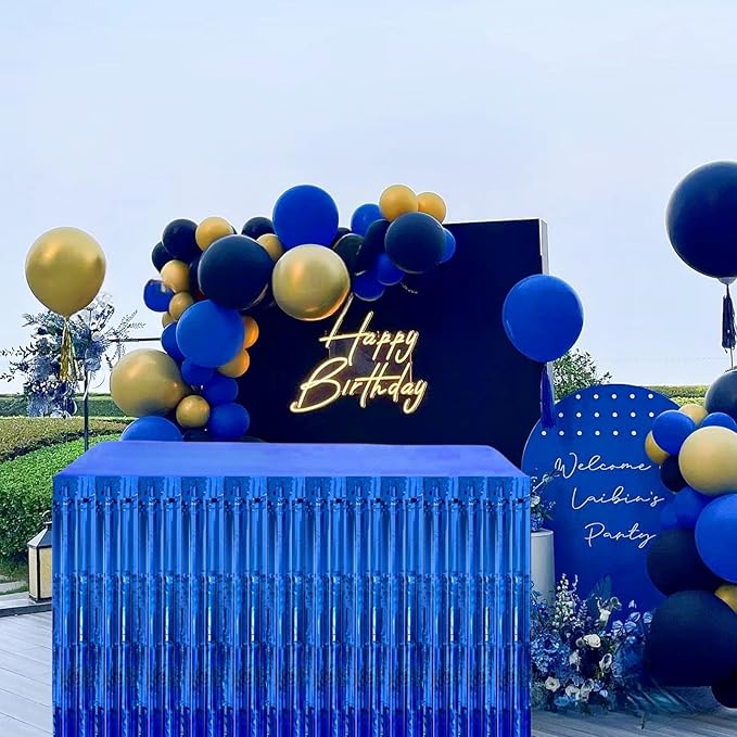 Blue Streamers Party Decorations, 2 Packs Blue Table Skirts Metallic Foil Fringe Tinsel for Birthday Under the Sea Boy Baby Shower Float Parade Mardi Gras Graduation Party Supplies -29x108Inch