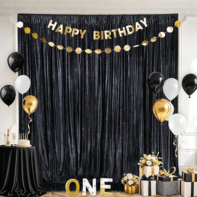 9.6x8FT Black Sequin Curtains: Photo Backdrop Drapes 2 Pieces 4.8x8FT Birthday Backdrop for Hallween Decorations Arch Backdrop