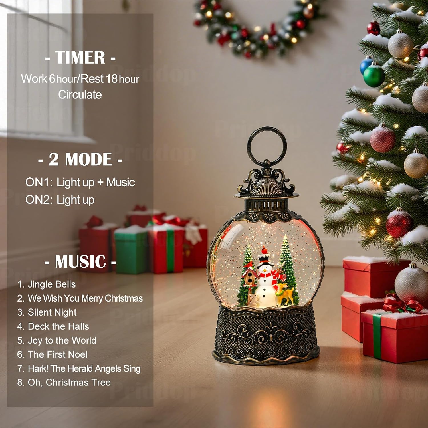Priddop Snowman Snow Globe Christmas Decorations Indoor Deer Cardinal Snowman Gifts Classic Relief Texture Musical Glitter Snowfall USB/Battery Timer Lantern 10.6 inch