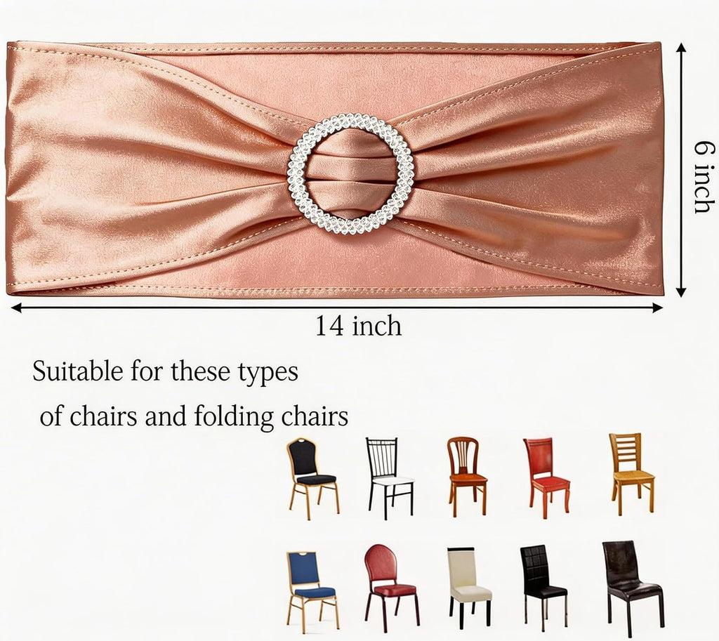 Spandex Rose Gold Chair Sashes Bows 100 Pack Pink Gold Chair Bands with Buckle for Wedding Birthday Party Bridal Shower Anniversary Engagement Events Decorations