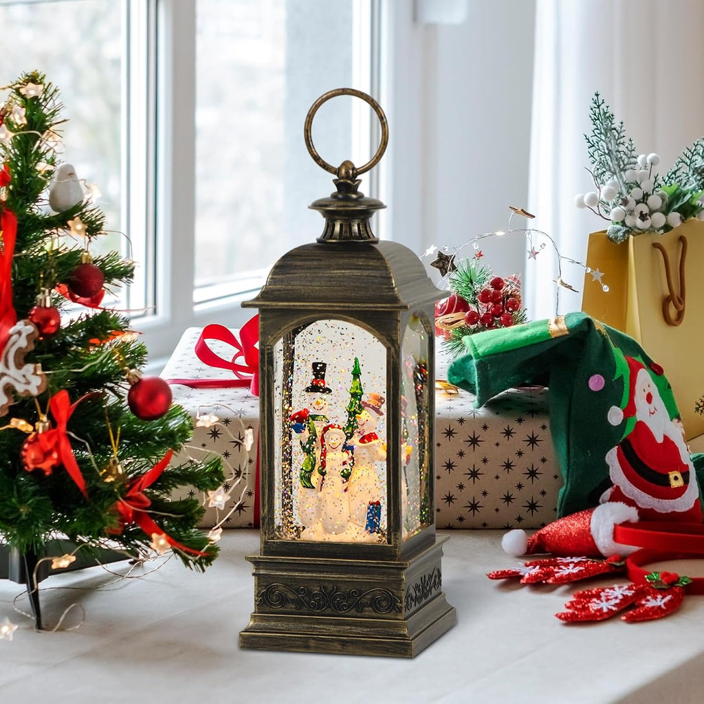 Christmas Snow Globe Swirling Glittering Snowman Scene with Timer & Music, Lighted Water Lantern USB Lined/Battery Operated for Christmas Festival Decoration Gifts - 11.4 inch