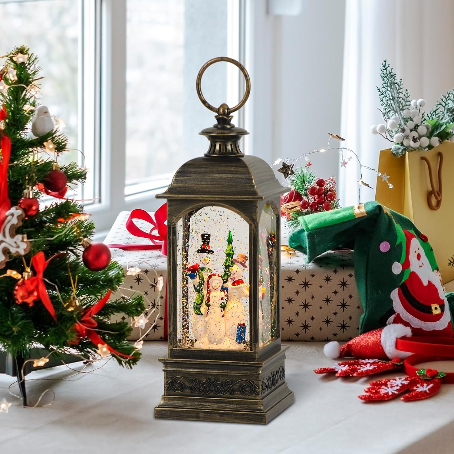 Christmas Snow Globe Swirling Glittering Snowman Scene with Timer & Music, Lighted Water Lantern USB Lined/Battery Operated for Christmas Festival Decoration Gifts - 11.4 inch