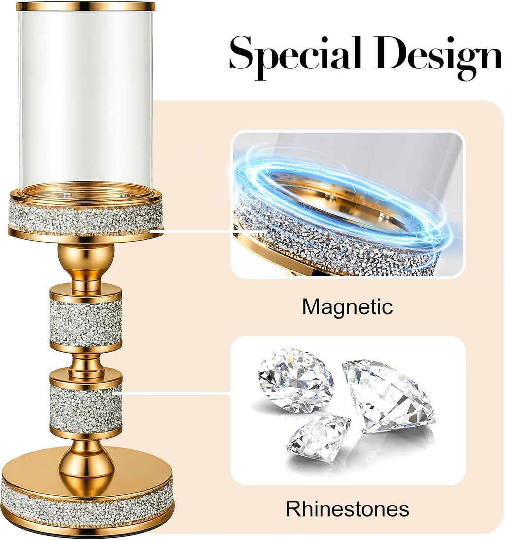 Hurricane Candle Holder, 13.5" Tall Metal Candle Stand, Glass Pillar Candle Holders, Crystal Gold Decorative Centerpieces for Table, Wedding and Dining Room (Fits Candles up to 3"x5", 2pcs, M)