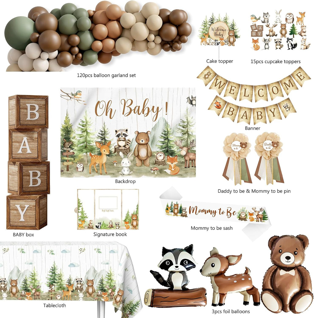 Woodland Animals Baby Shower Decoration Party Supplies, Forest Animal Neutral Gender Reveal Party Decorations, Backdrop Balloon Arch Box Mom to Be Sash Dad to Be Pin Tablecloths Cake Topper