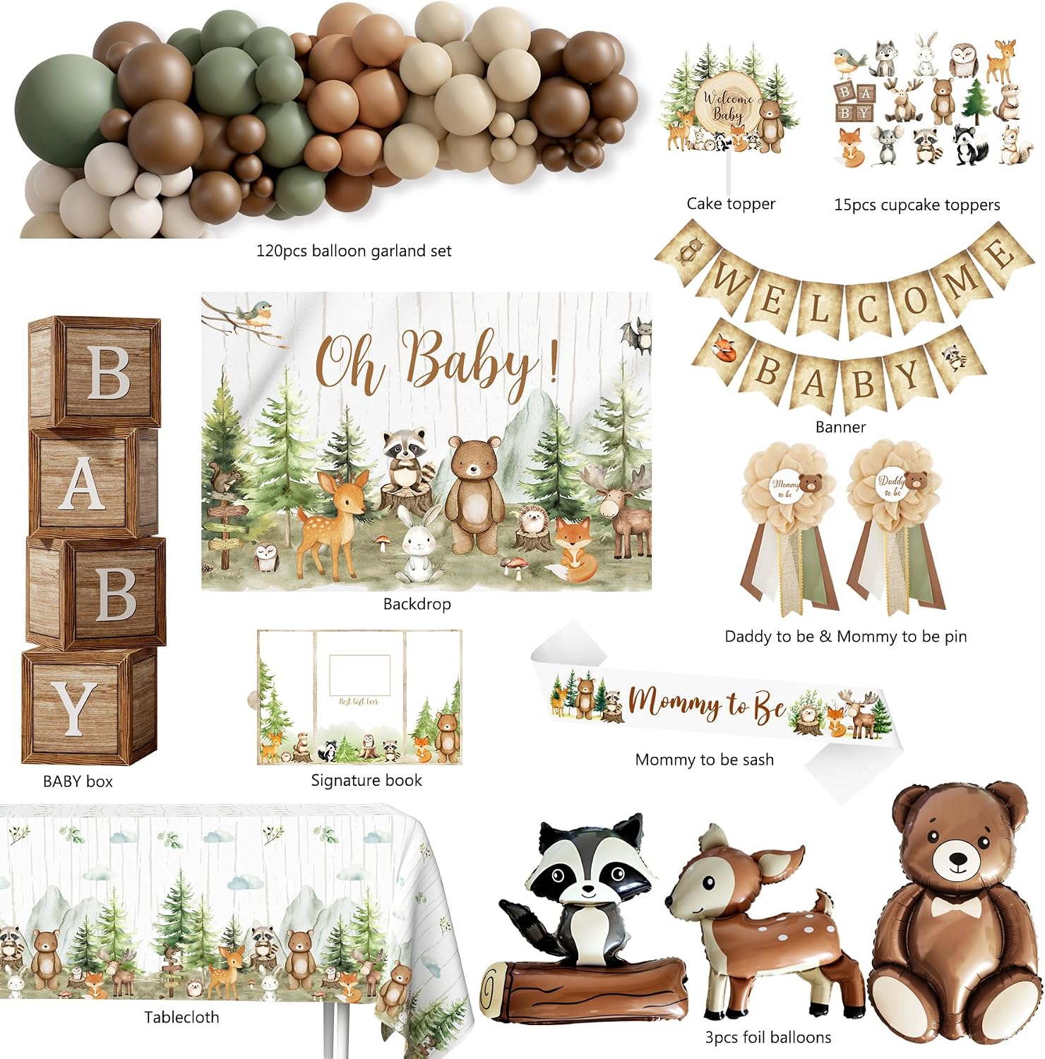 Woodland Animals Baby Shower Decoration Party Supplies, Forest Animal Neutral Gender Reveal Party Decorations, Backdrop Balloon Arch Box Mom to Be Sash Dad to Be Pin Tablecloths Cake Topper