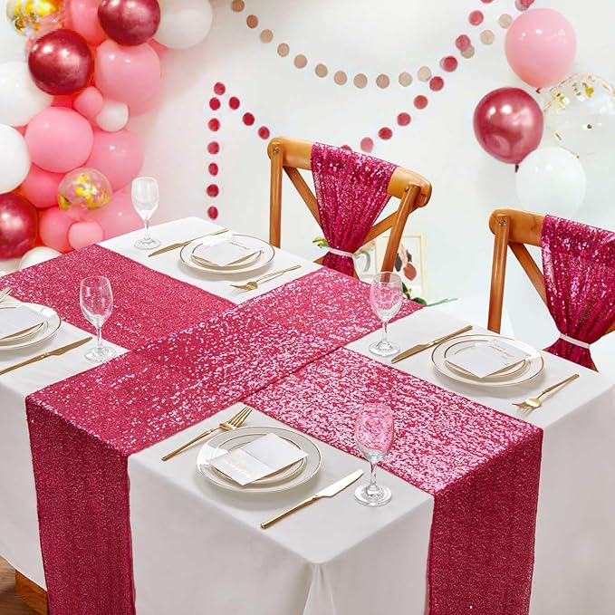 Sequin Table Runner Fuchsia 10 Pcs 12x108 Inches Elegant Wedding Sparkly Fabric Table Runners for Bridal Shower Banquet Celebration Decorations